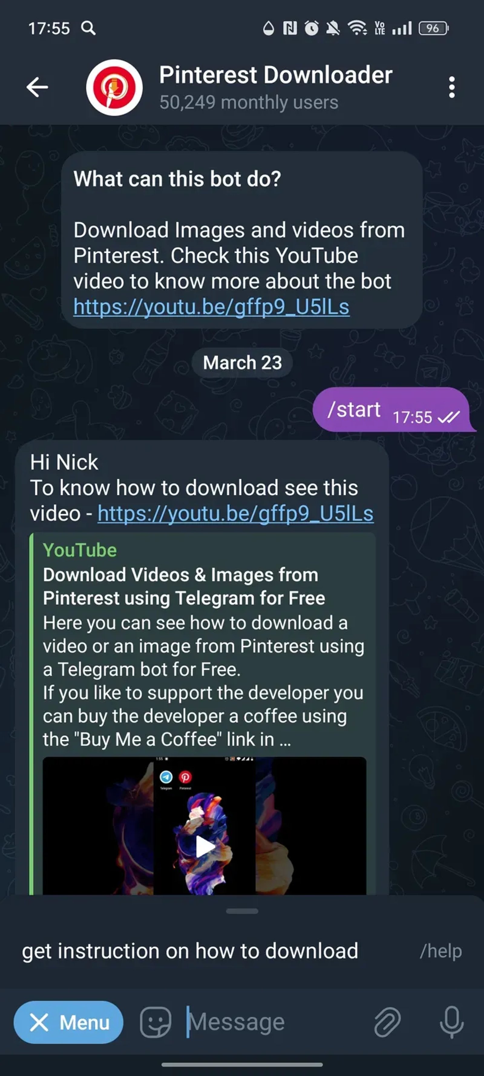 Pinterest Downloader в Телеграм — скриншот 2