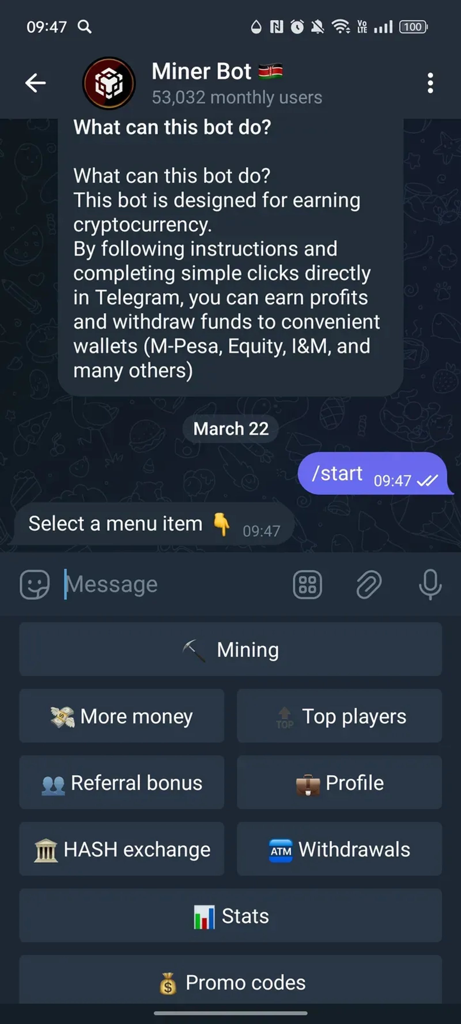 Minеr Bot 🇰🇪 в Телеграм — скриншот 2