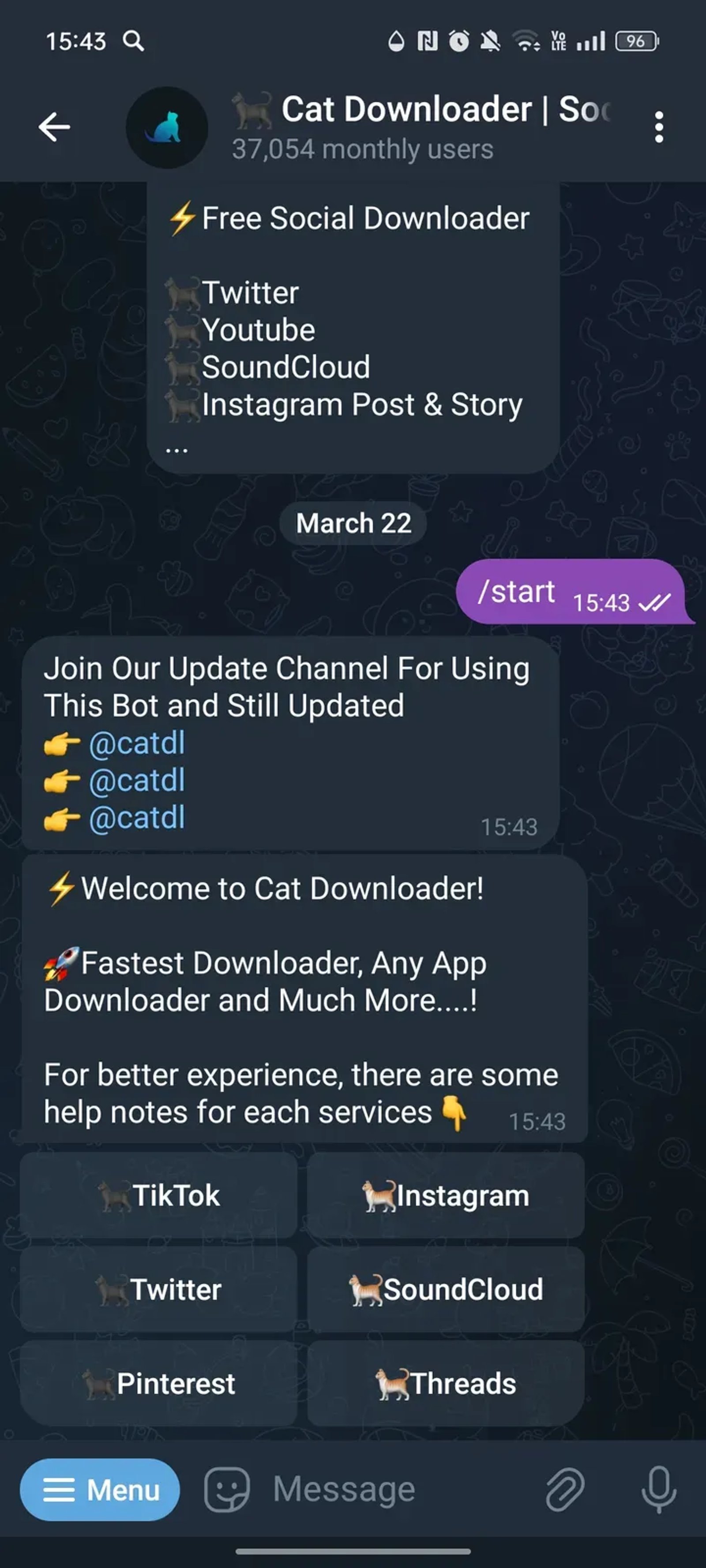 🐈‍⬛️ Cat Downloader | Social Medias & Websites Downloader в Телеграм — скриншот 1