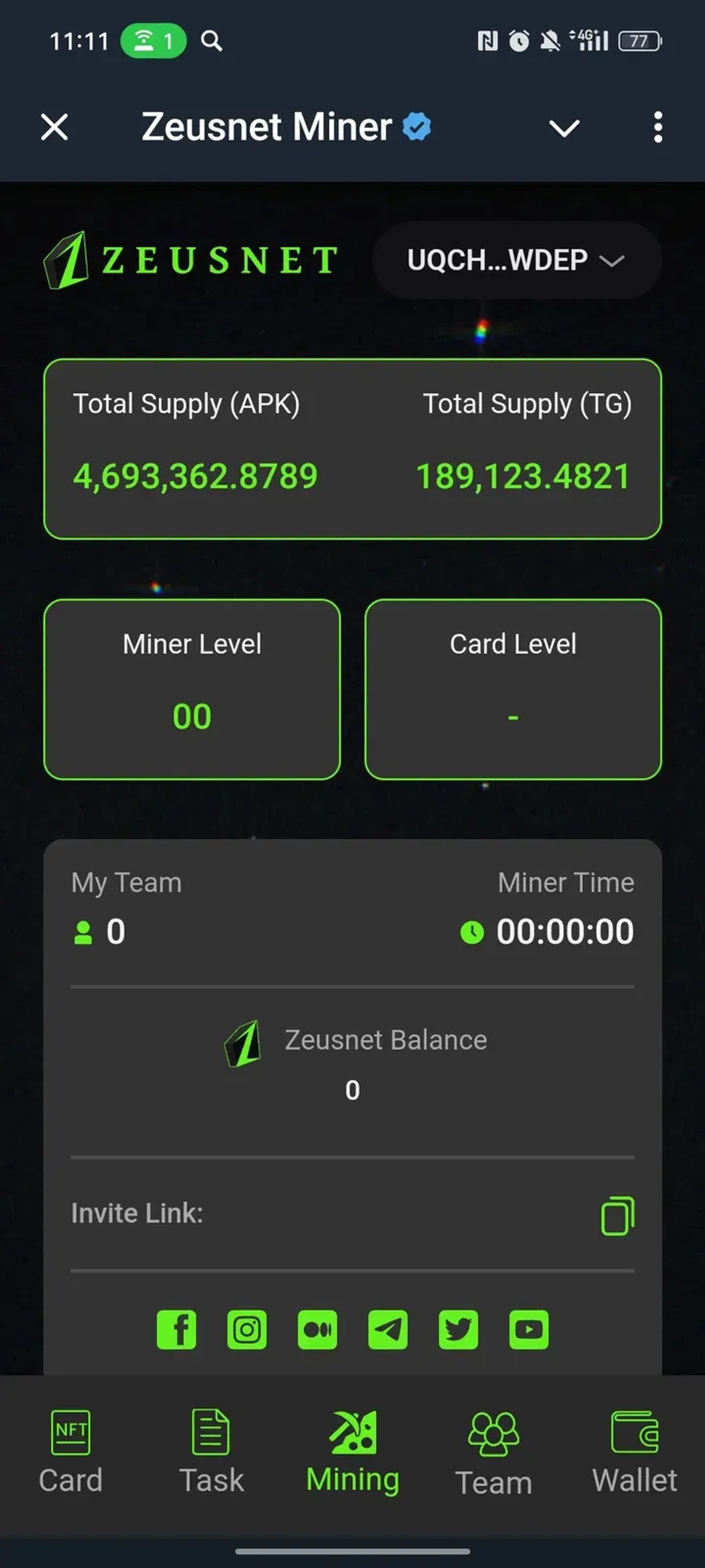 Zeusnet Miner в Телеграм — скриншот 1