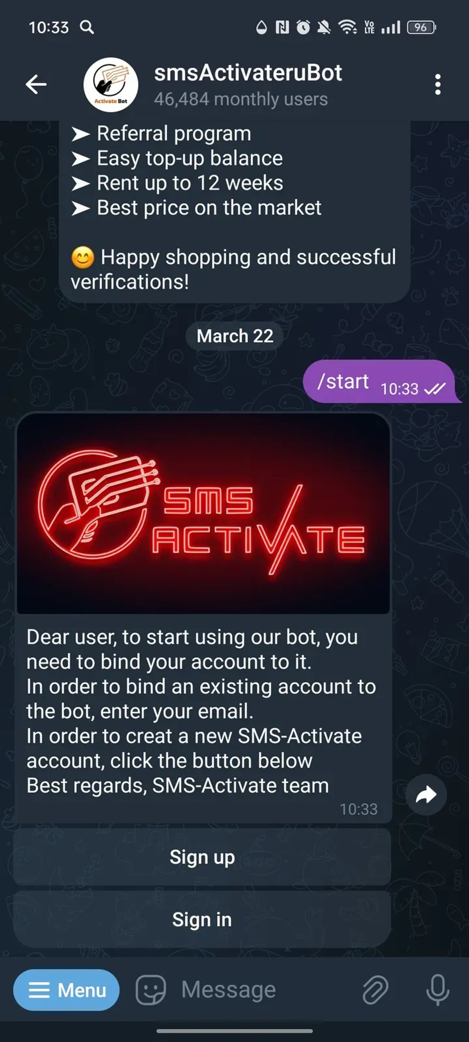 smsActivateruBot в Телеграм — скриншот 2