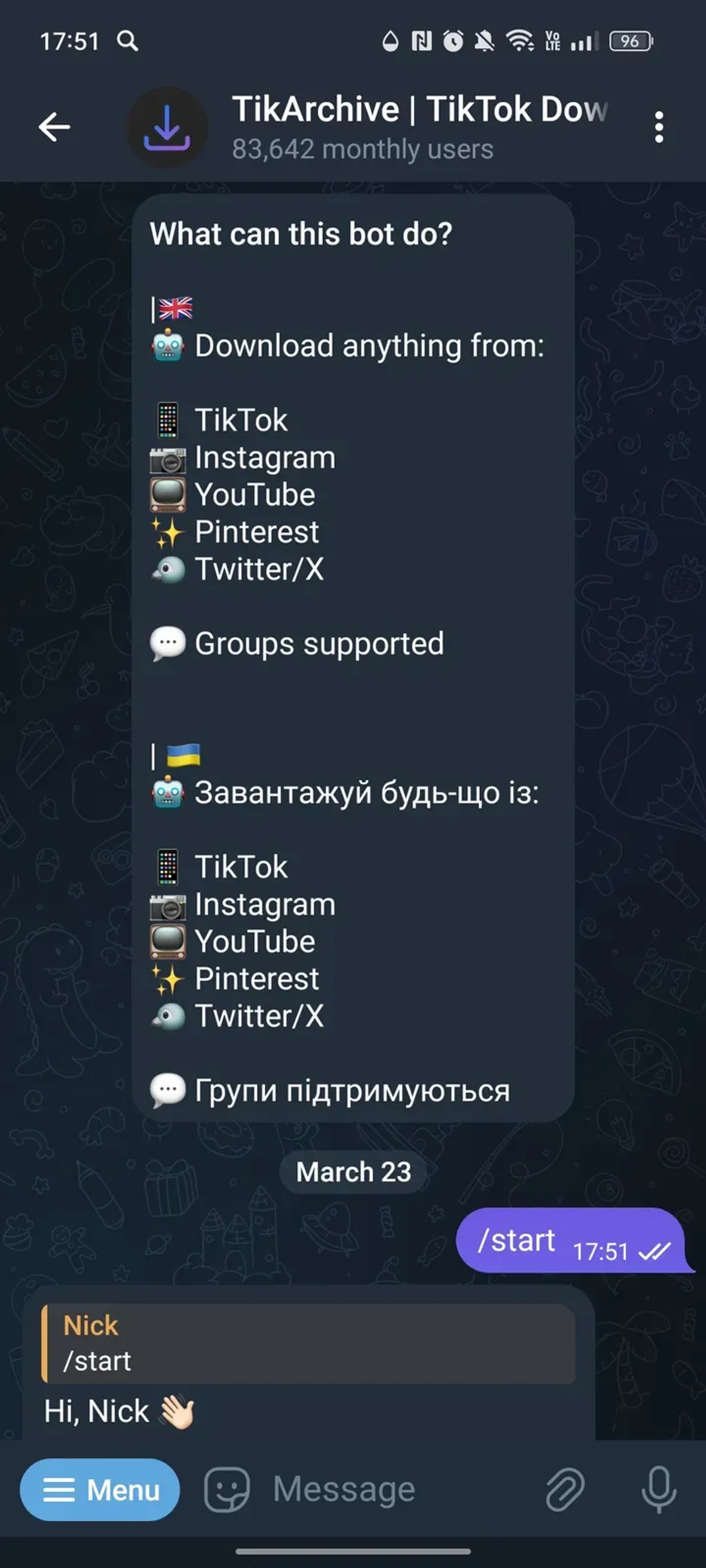 TikArchive | TikTok Downloader в Телеграм — скриншот 1