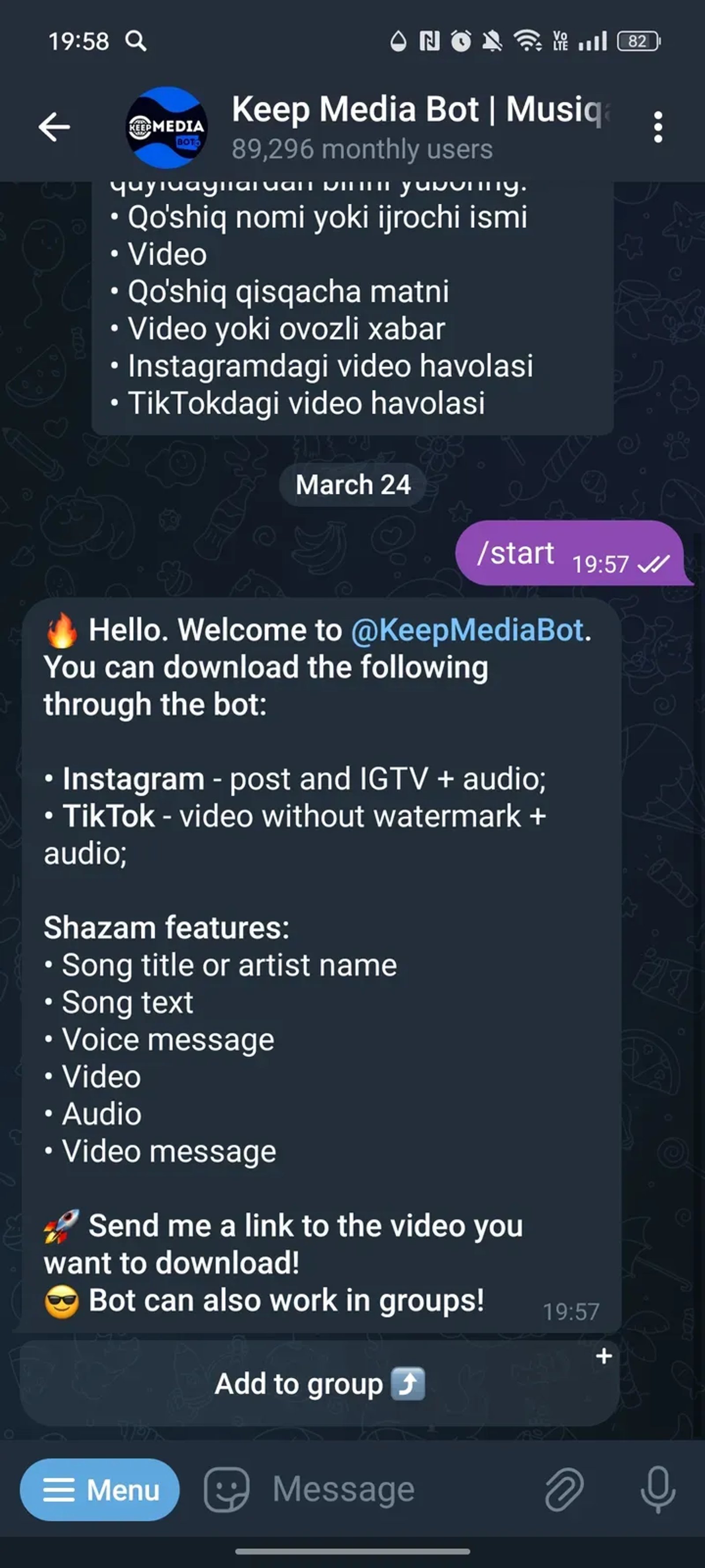 Keep Media Bot | Musiqalar | Instagram | TikTok в Телеграм — скриншот 2