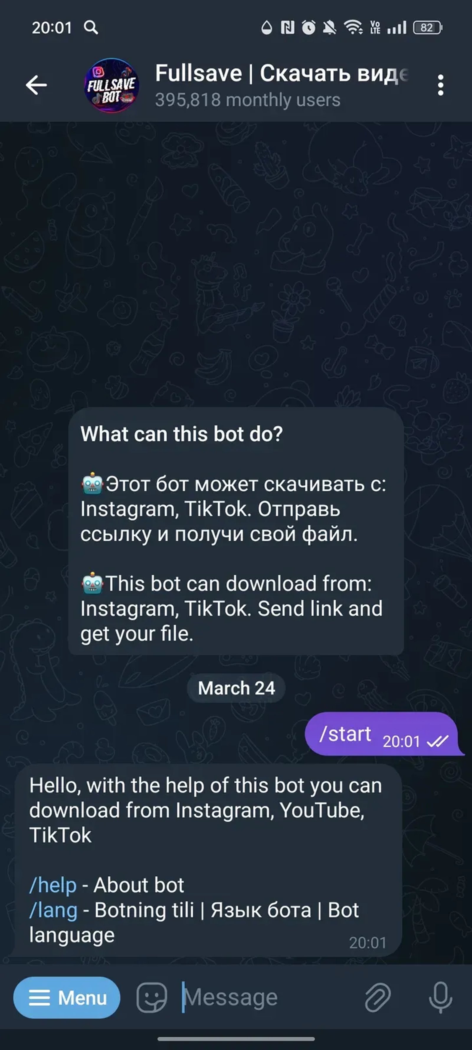 FullSave | Скачать видео Инстаграм ТикТок в Телеграм — скриншот 1