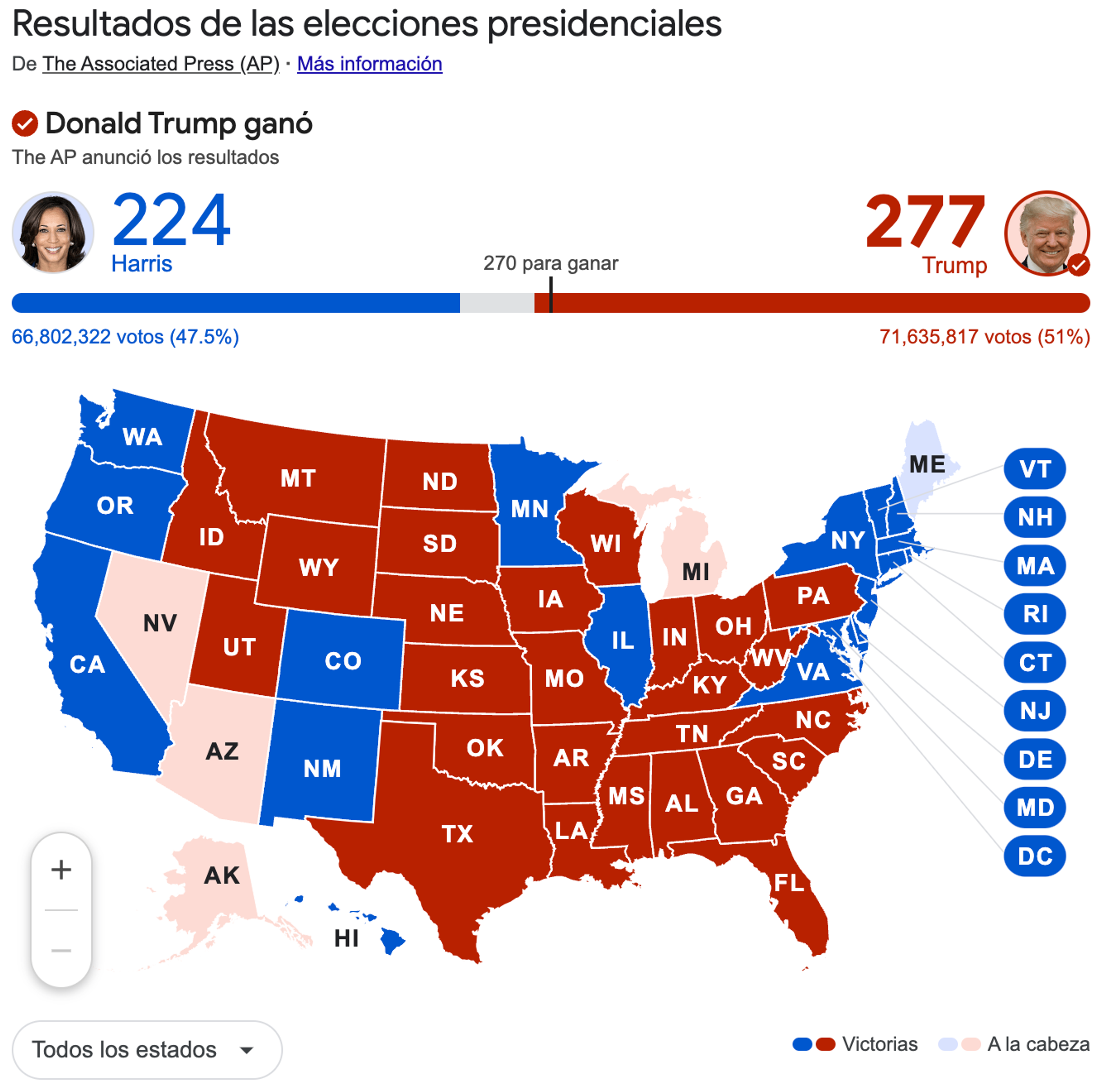 A map of the united states showing presidential results