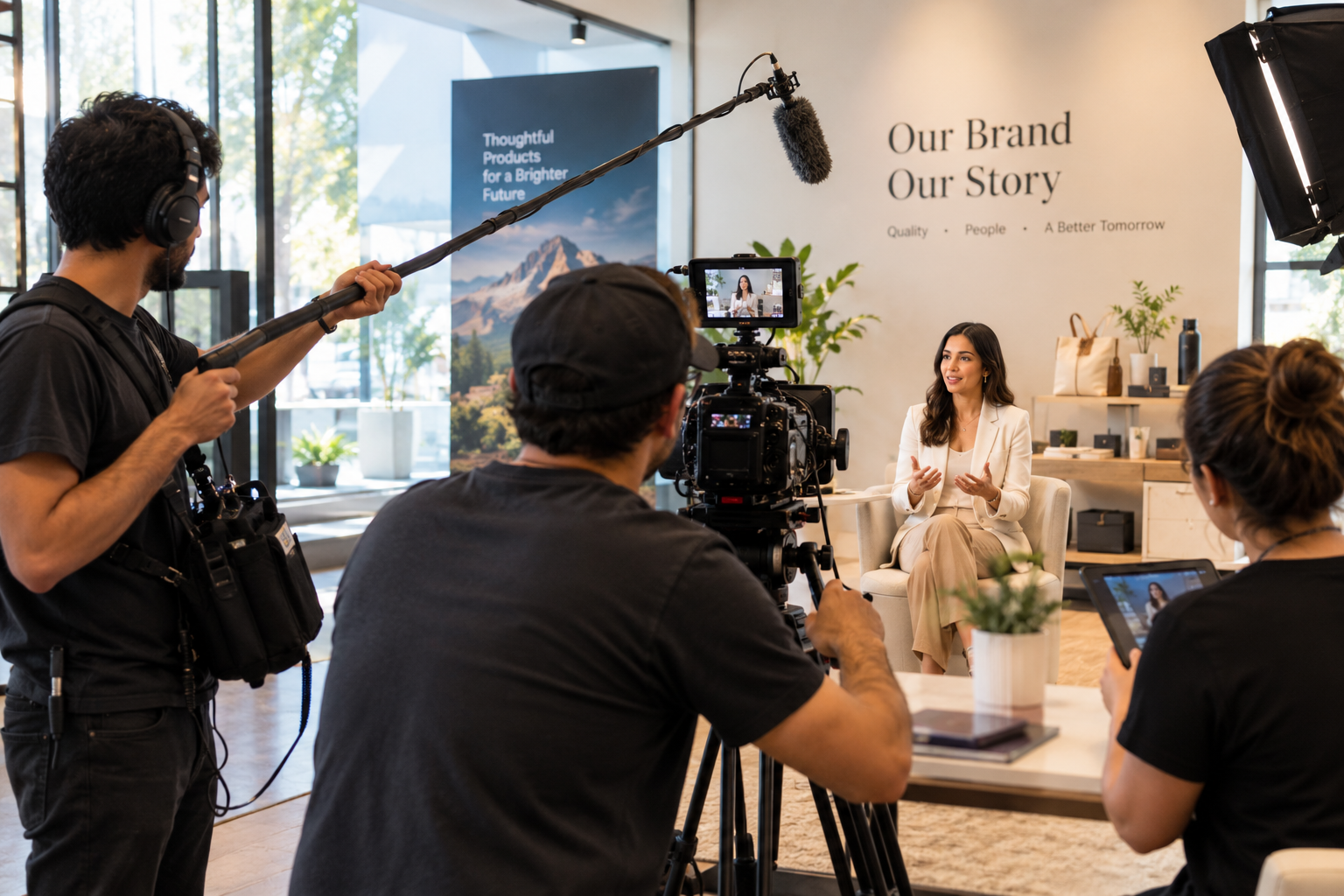A video production team filming a brand story on location