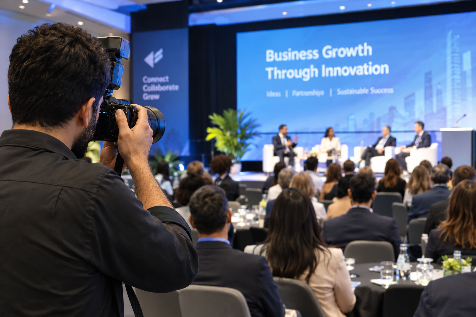 Photographer capturing guests and speakers at a business event