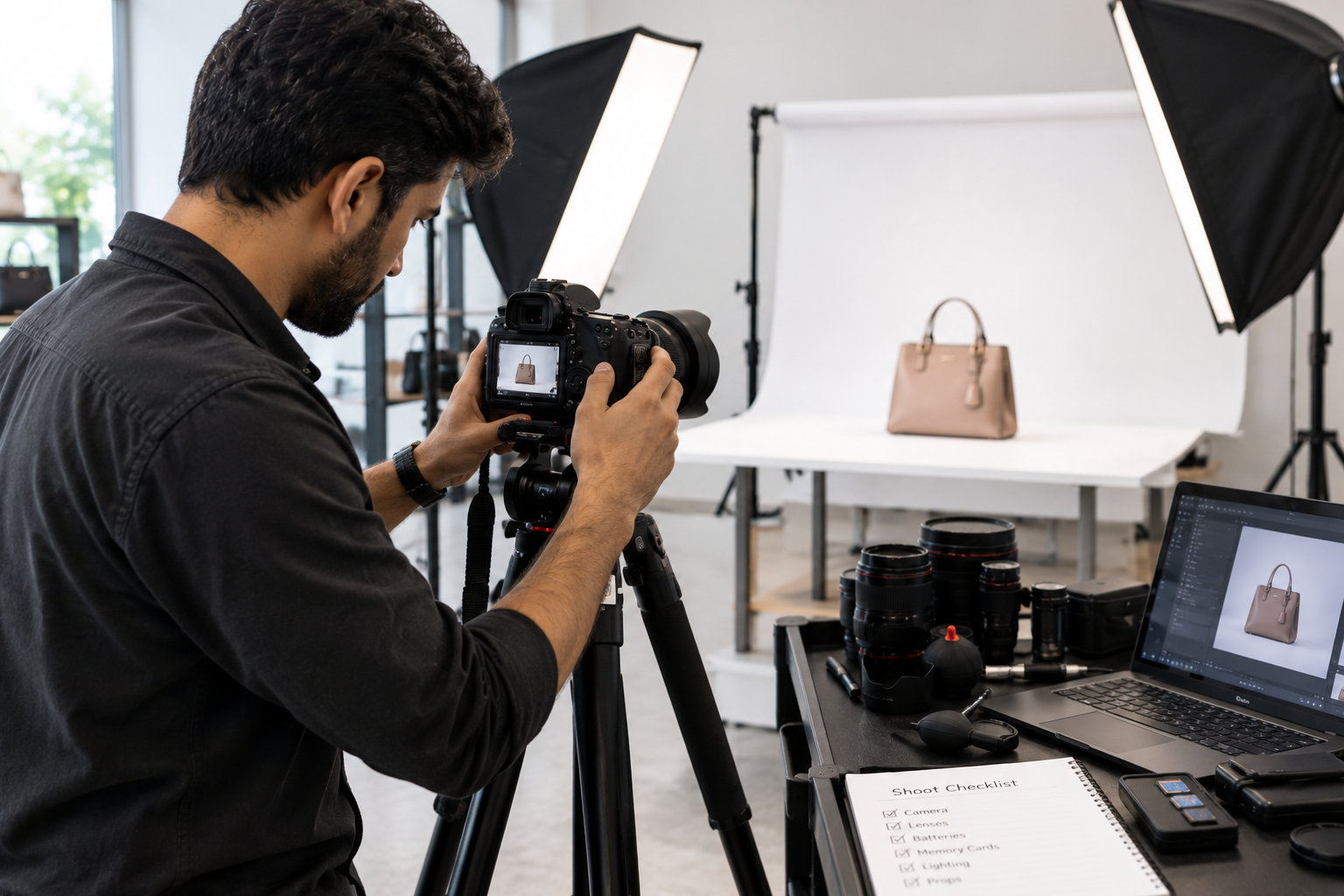 Photographer preparing a camera before a photoshoot
