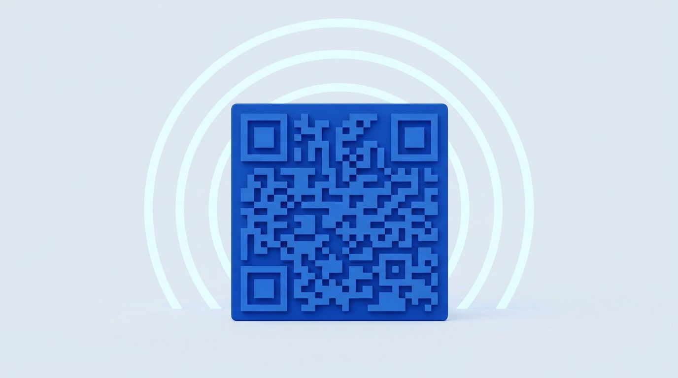 A blue QR code standing upright with three concentric signal arcs glowing behind it.