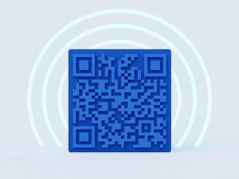 A blue QR code standing upright with three concentric signal arcs glowing behind it.