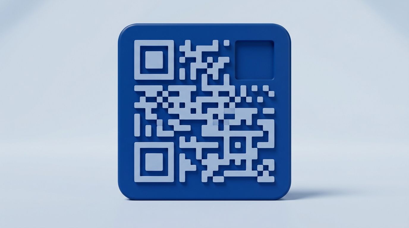 A large blue QR code with one of its three corner squares missing, leaving a blank recess in the pattern.