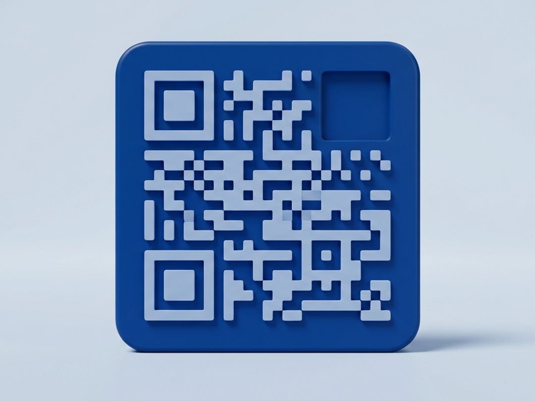 A large blue QR code with one of its three corner squares missing, leaving a blank recess in the pattern.