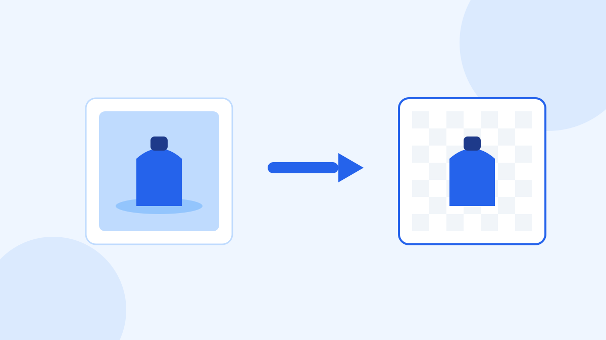 A product photo on a coloured background beside the same product cut out, shown against a checkerboard indicating transparency.