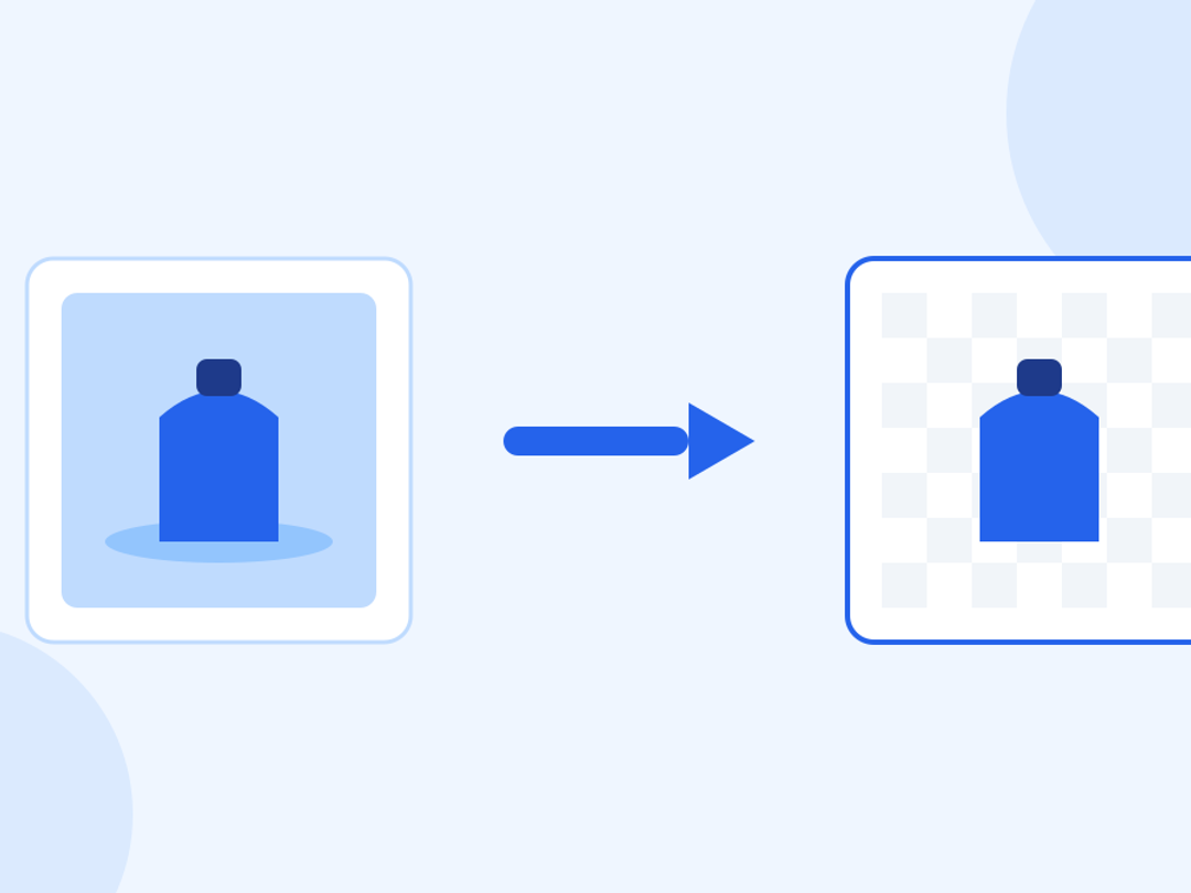 A product photo on a coloured background beside the same product cut out, shown against a checkerboard indicating transparency.