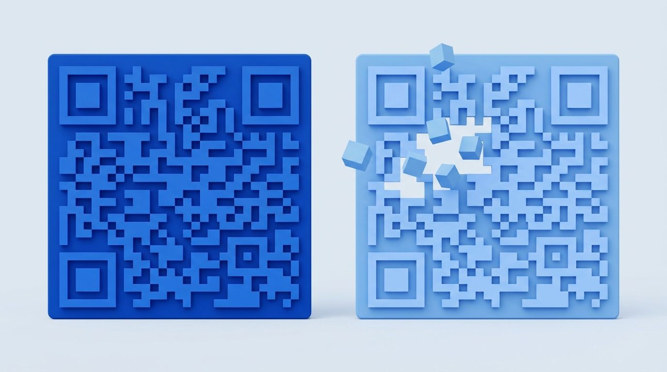 Two blue QR codes side by side: the left one solid and complete, the right one paler with several of its blocks lifted away and floating above the surface.