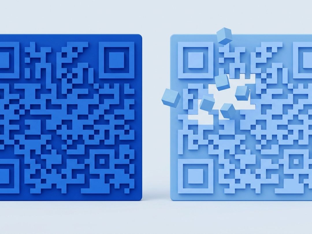 Two blue QR codes side by side: the left one solid and complete, the right one paler with several of its blocks lifted away and floating above the surface.