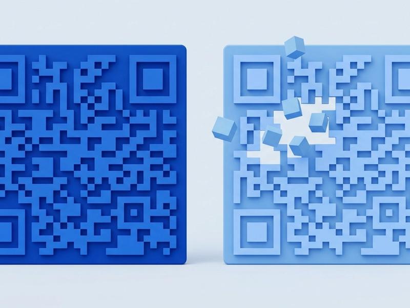 Two blue QR codes side by side: the left one solid and complete, the right one paler with several of its blocks lifted away and floating above the surface.