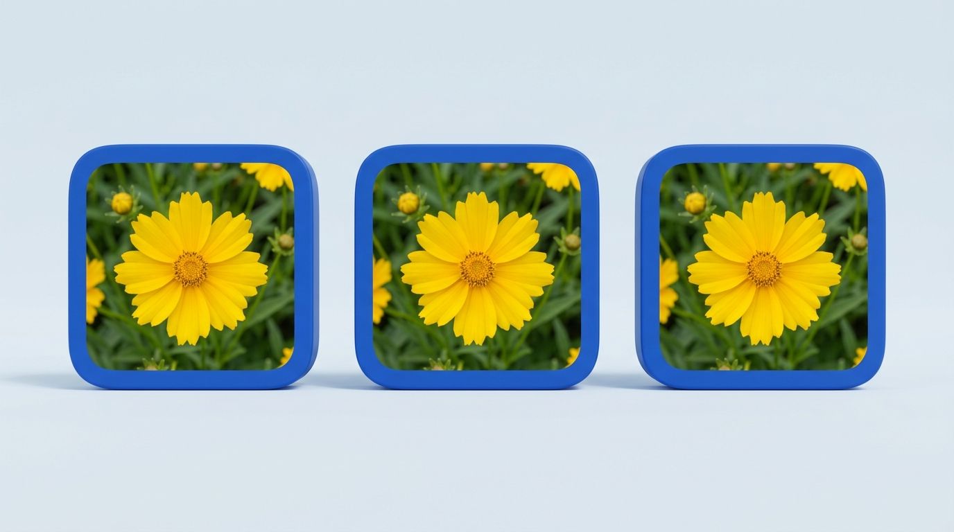 Three identical blue-framed tiles side by side, each showing the same photograph of a yellow flower.