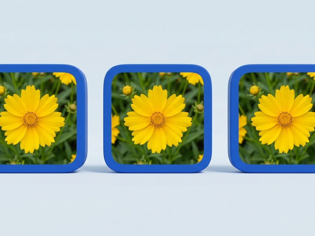 Three identical blue-framed tiles side by side, each showing the same photograph of a yellow flower.