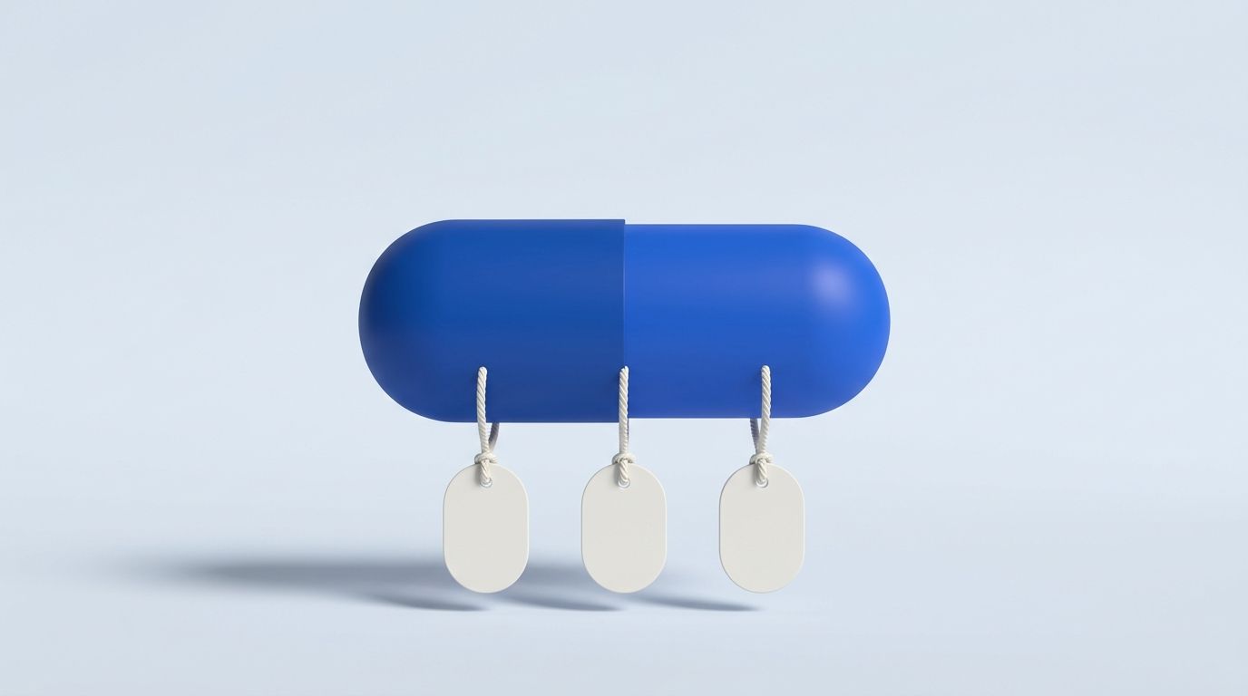 A blue capsule shape with three blank luggage-style tags hanging from it on short strings.