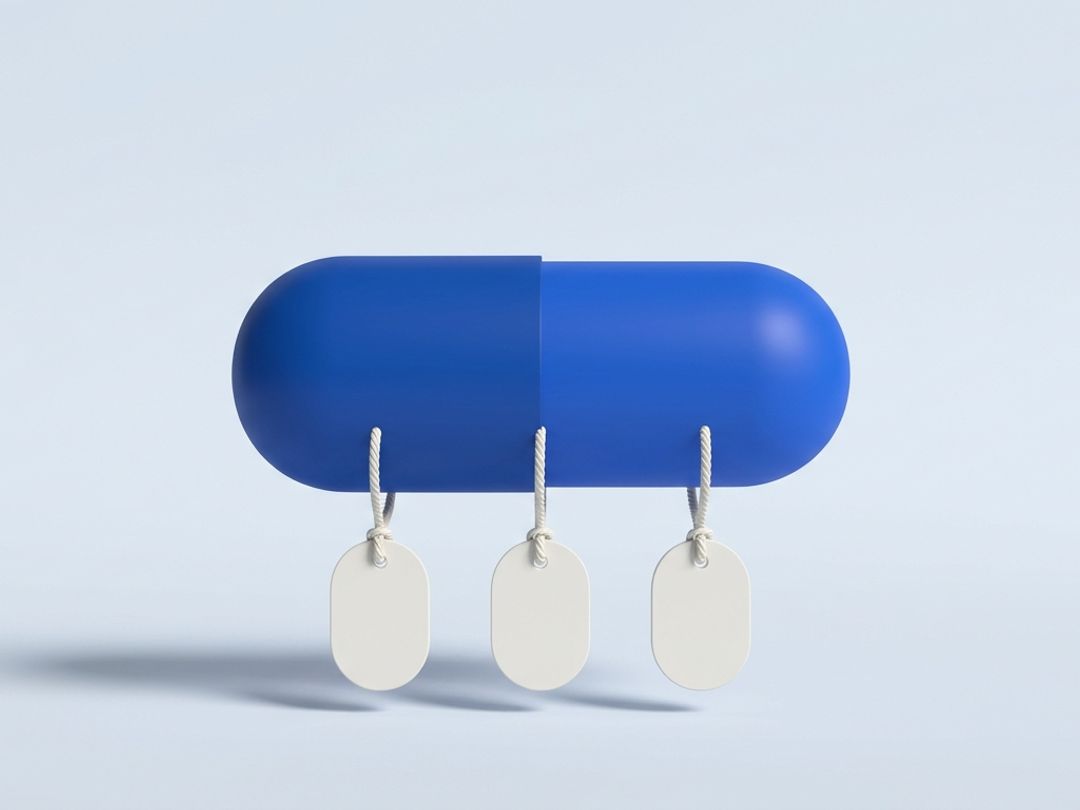 A blue capsule shape with three blank luggage-style tags hanging from it on short strings.