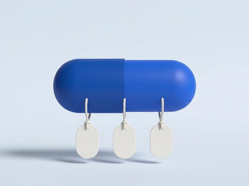 A blue capsule shape with three blank luggage-style tags hanging from it on short strings.