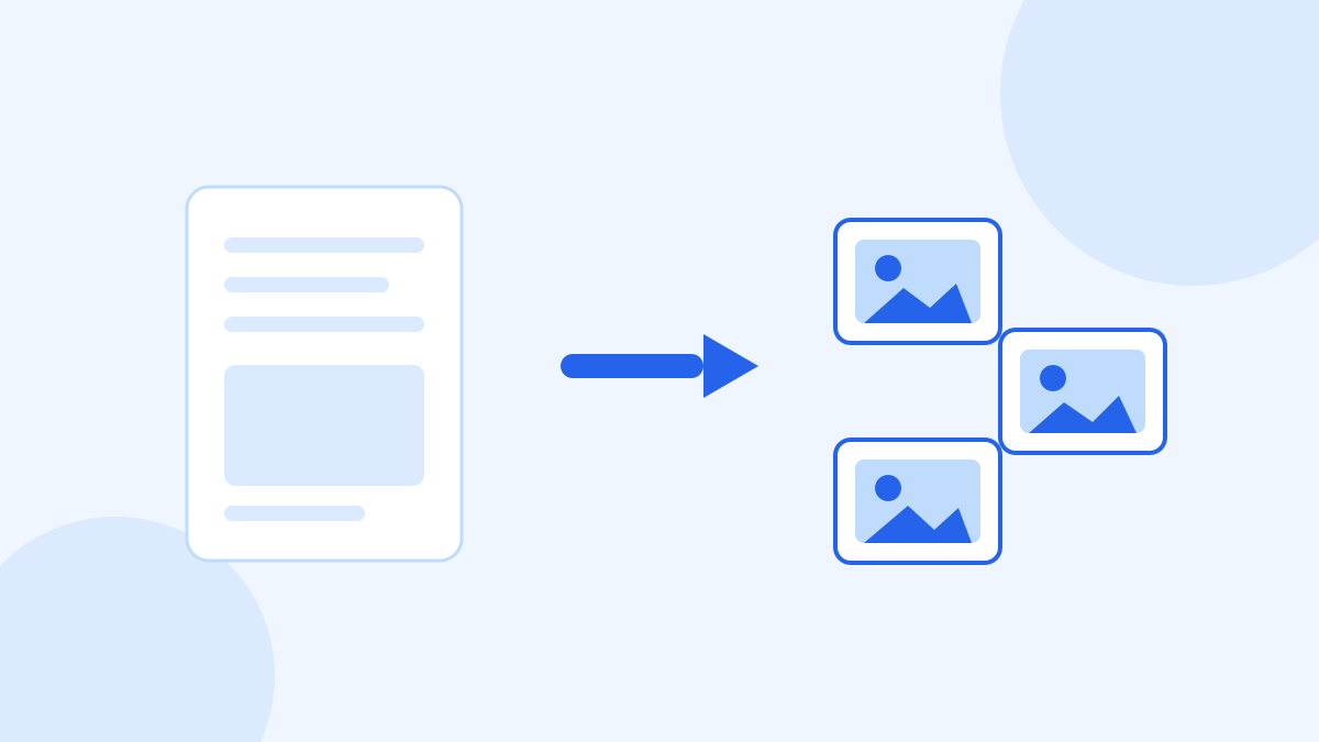 A PDF document on the left joined by an arrow to three separate image tiles on the right.