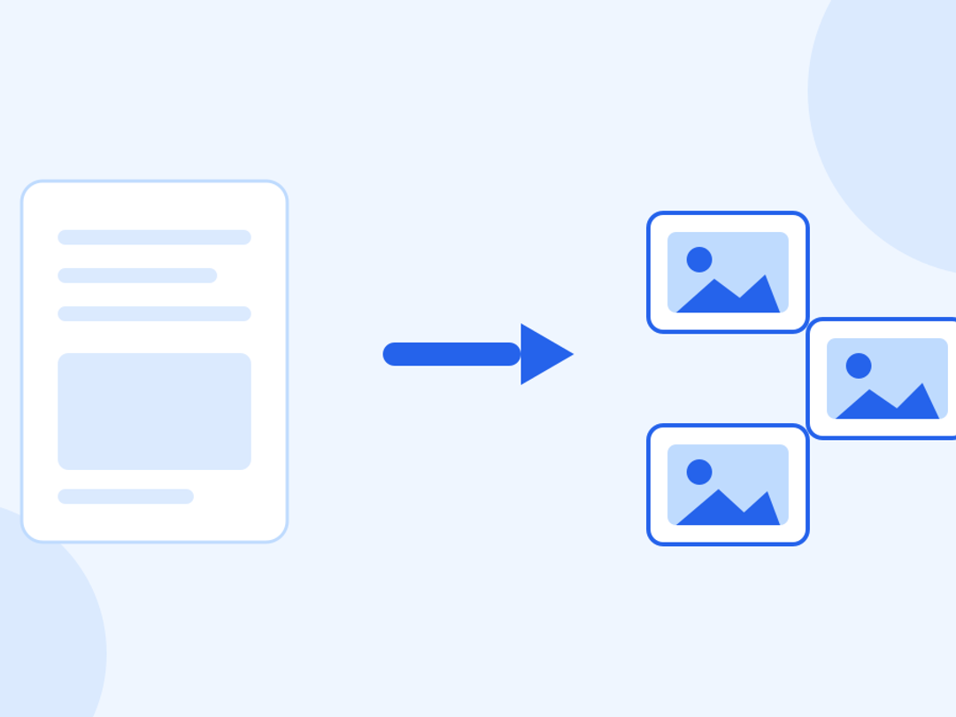 A PDF document on the left joined by an arrow to three separate image tiles on the right.