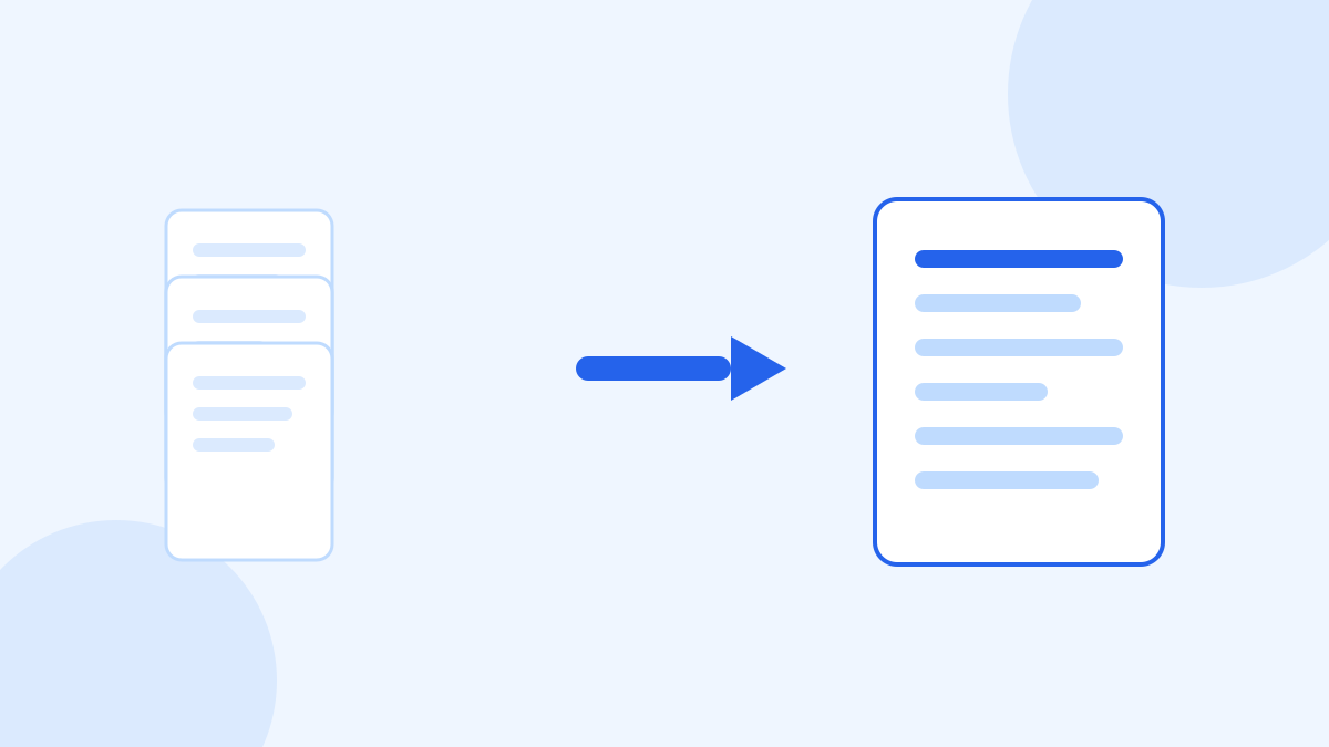Three small documents on the left joined by an arrow to one larger document on the right.