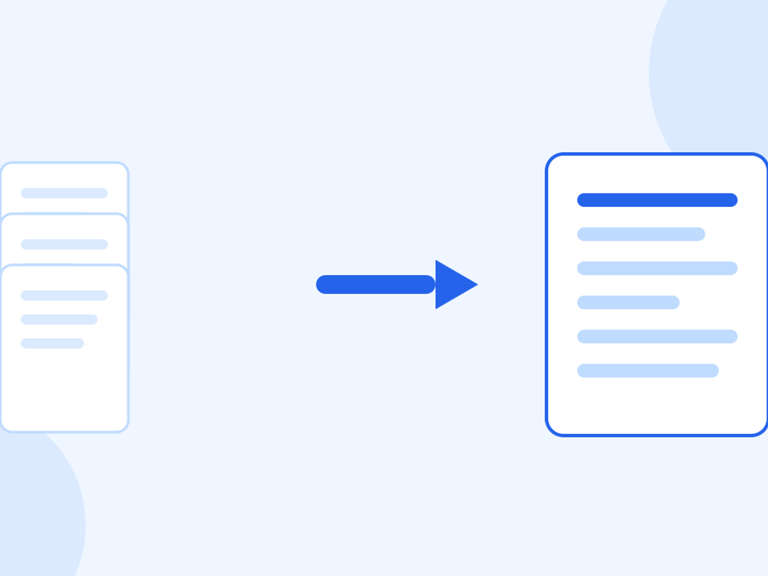 Three small documents on the left joined by an arrow to one larger document on the right.