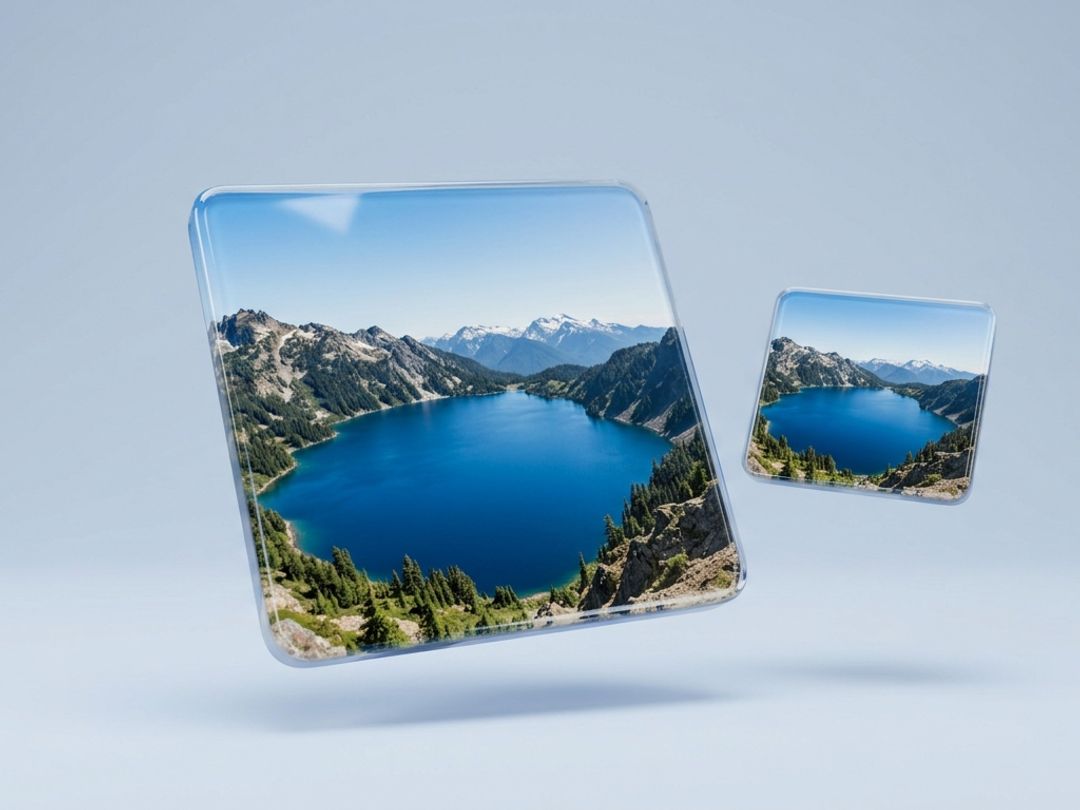 The same photograph of a mountain lake shown on two glass tiles, one large and one much smaller.