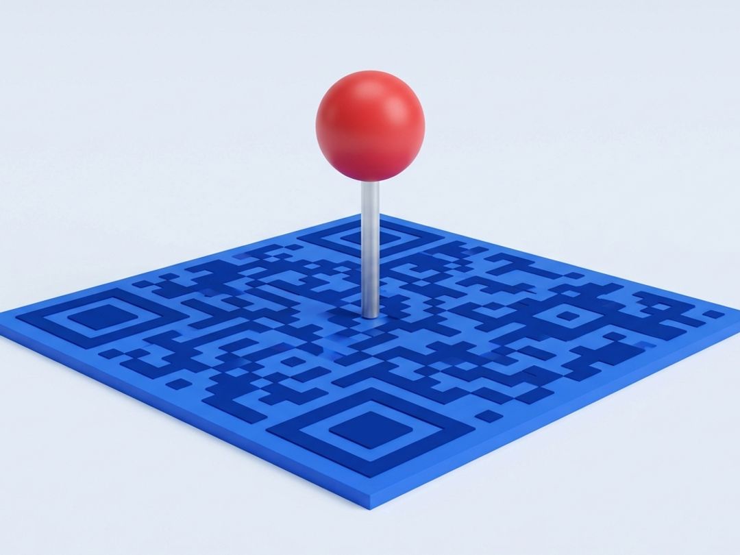 A blue QR code with a red map pin standing in the middle of it.
