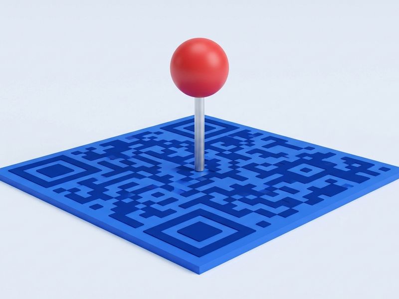 A blue QR code with a red map pin standing in the middle of it.