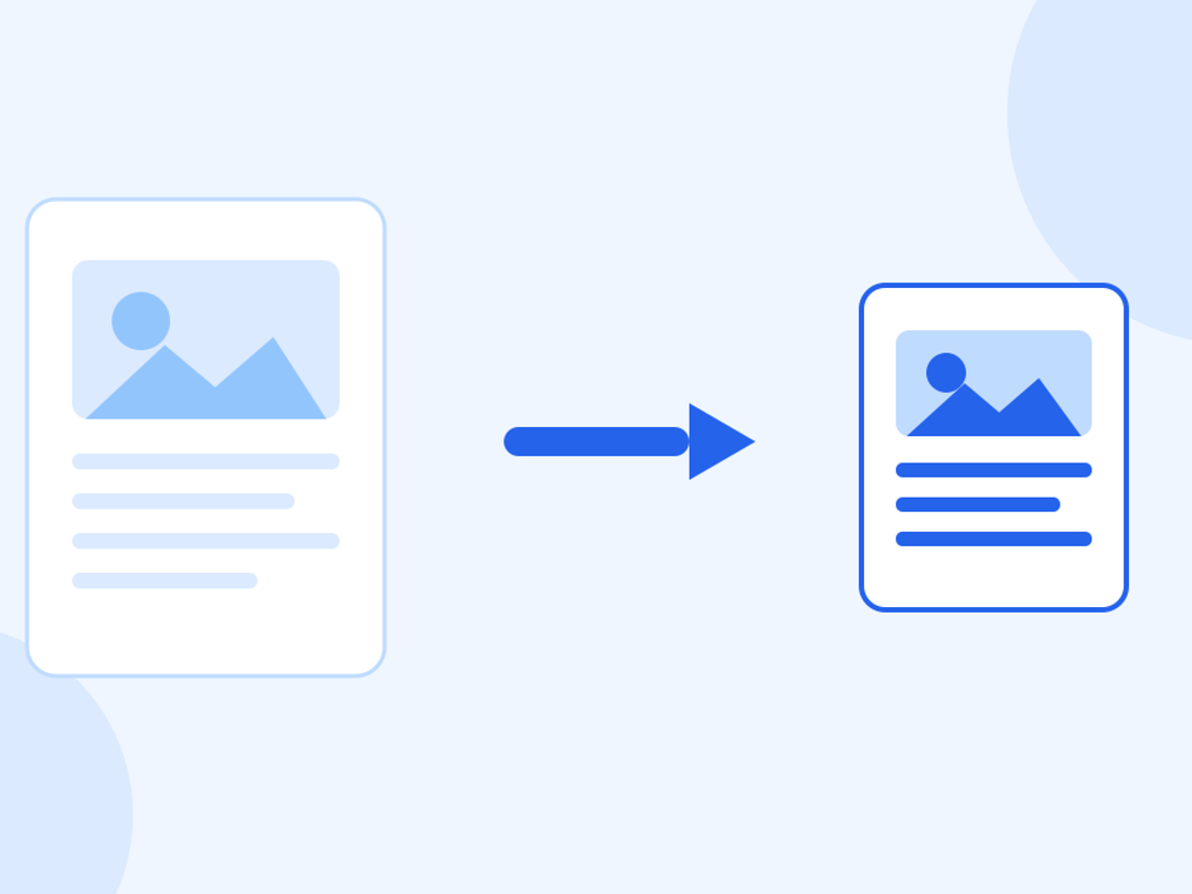 A large document containing a photograph beside a visibly smaller version of the same document, with an arrow between them.