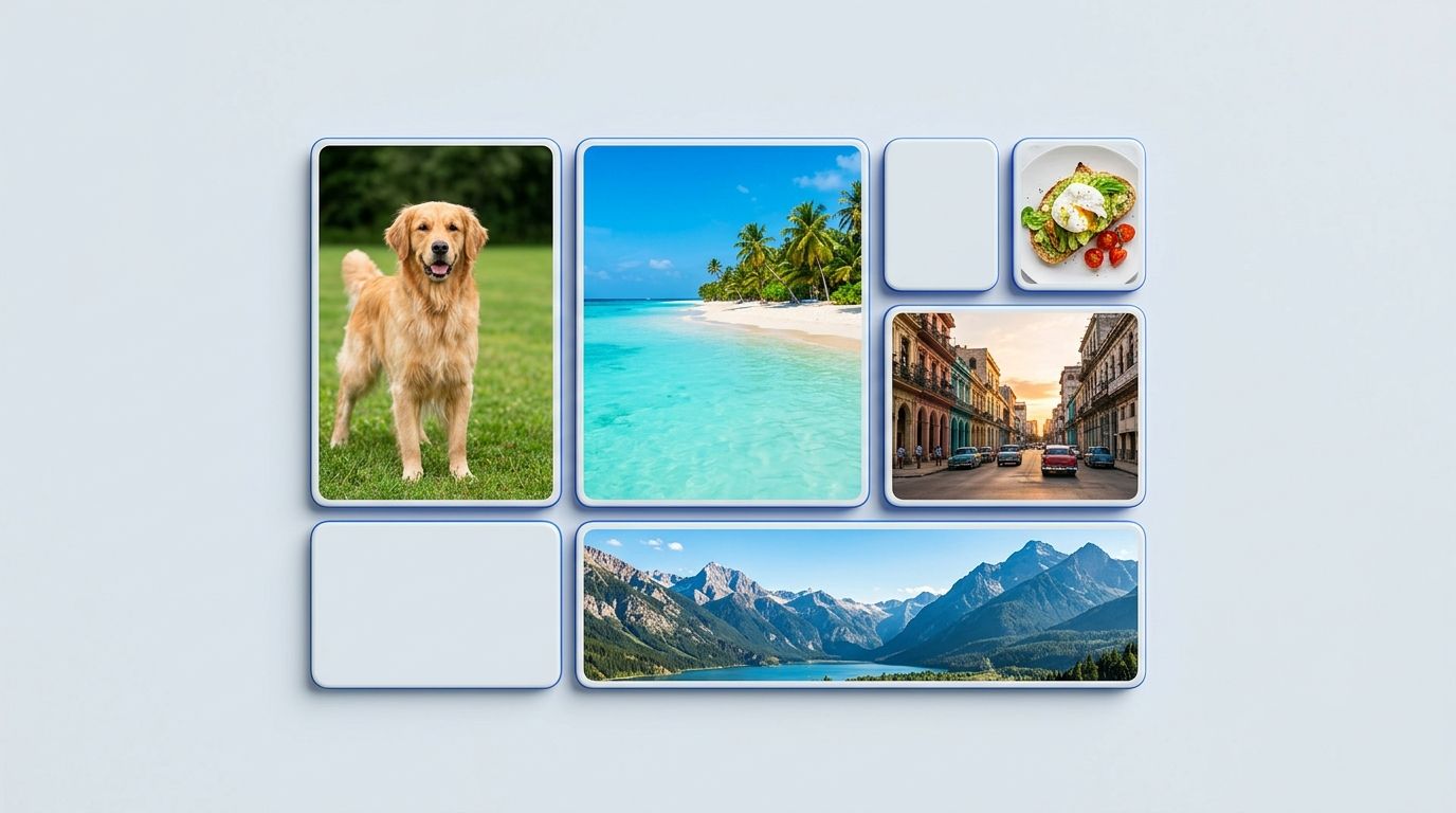 Photo tiles in several different shapes and sizes arranged in a grid — a tall portrait, a square, two landscapes and a wide panorama.