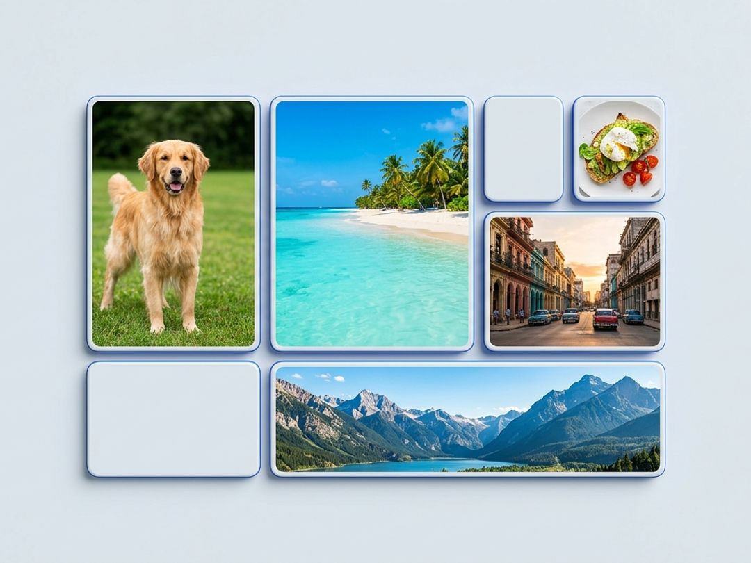 Photo tiles in several different shapes and sizes arranged in a grid — a tall portrait, a square, two landscapes and a wide panorama.