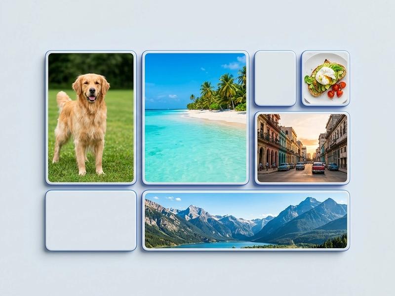Photo tiles in several different shapes and sizes arranged in a grid — a tall portrait, a square, two landscapes and a wide panorama.