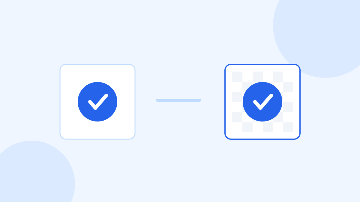 A blue circular badge on a solid white square beside the same badge on a checkerboard pattern indicating a transparent background.
