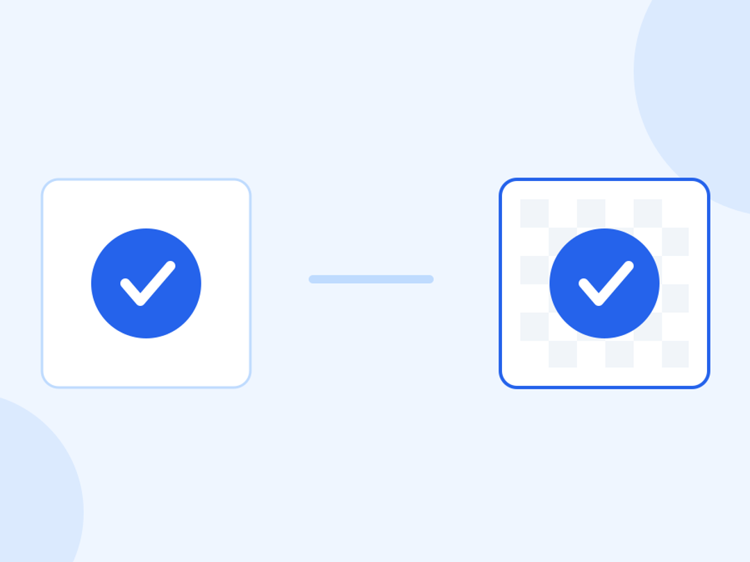 A blue circular badge on a solid white square beside the same badge on a checkerboard pattern indicating a transparent background.