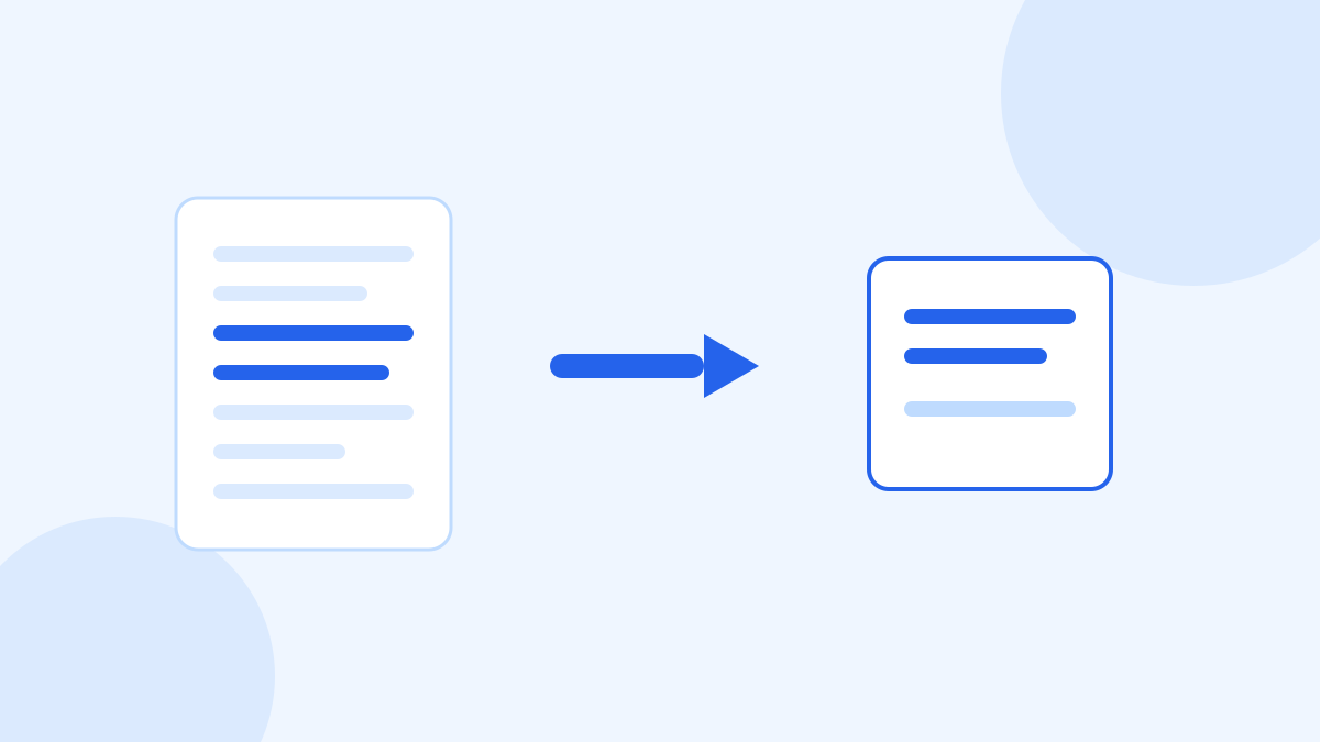 A multi-page document on the left with two lines highlighted, an arrow, and a smaller document on the right holding just those pages.