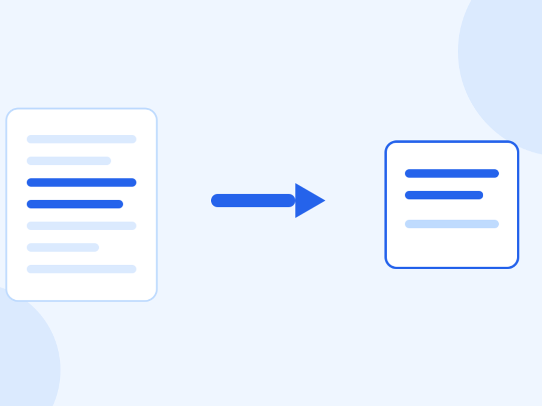 A multi-page document on the left with two lines highlighted, an arrow, and a smaller document on the right holding just those pages.