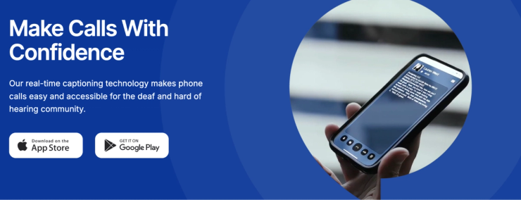 Smartphone displaying a real-time captioning call interface used by the Rylo app, helping deaf and hard of hearing users read live captions during phone conversations.