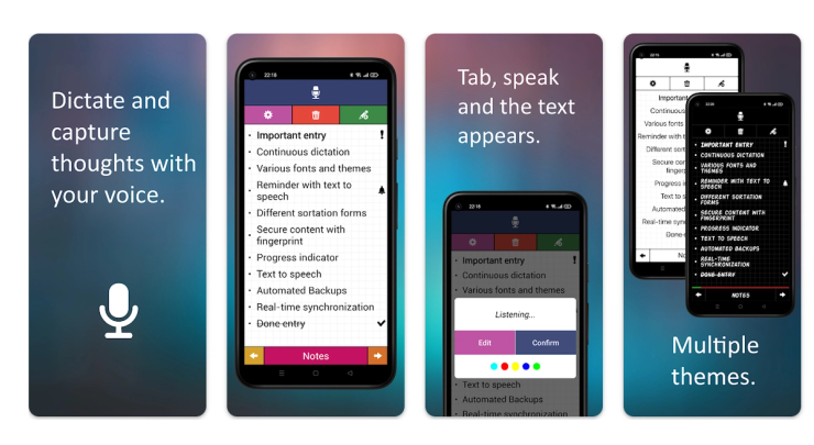 Speech-to-text Android app used to dictate notes, capture ideas, and customize themes in 2026