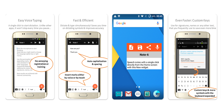 Android voice typing app screenshots showing easy dictation, auto capitalization and spacing, home screen speech note widget, and custom keyboard keys for signatures and symbols