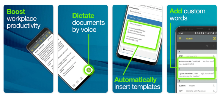 Android voice dictation app screenshots showing document dictation by voice, automatic template insertion, and custom word management to boost workplace productivity