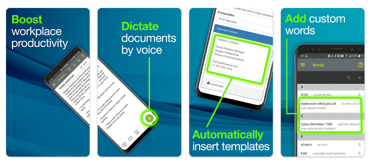 Android voice dictation app screenshots showing document dictation by voice, automatic template insertion, and custom word management to boost workplace productivity