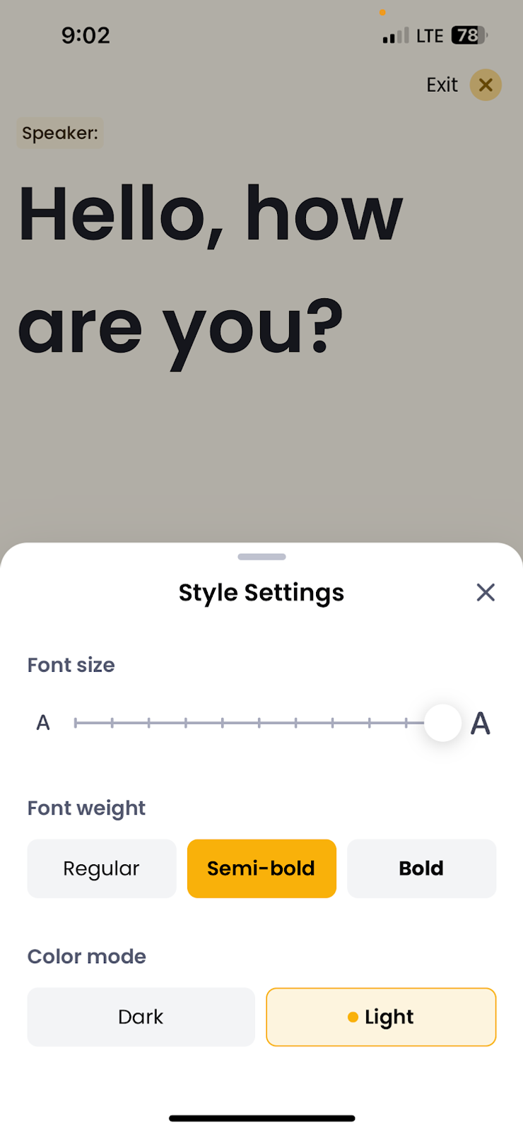 Screenshot of font settings of Rylo Live Transcribe