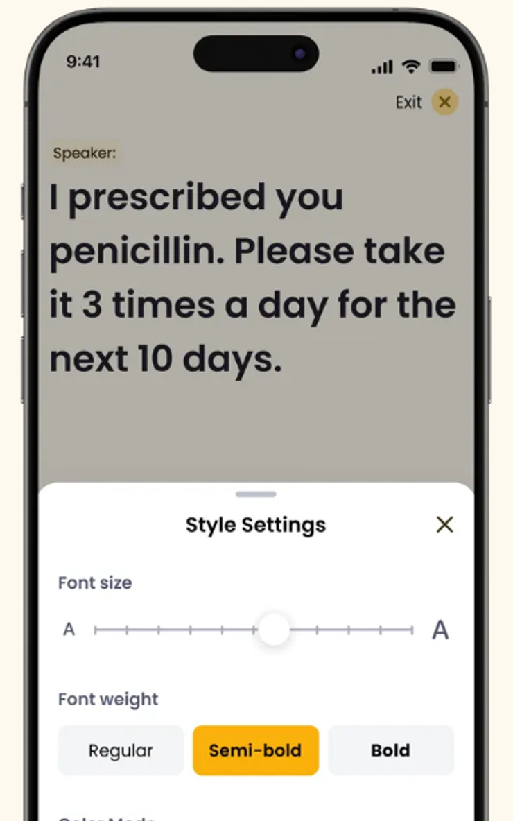 Screenshot of a Rylo Live Transcribe. The text reads: “I’ve prescribed you penicillin. Please take it three times a day for the next ten days.” 