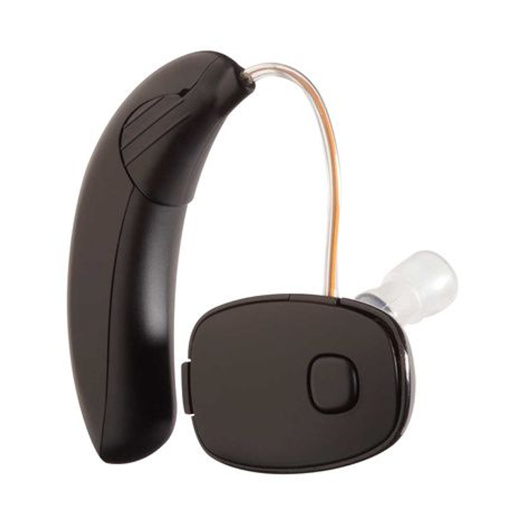 Behind-the-ear hearing aid with custom ear tip designed to improve hearing and everyday communication