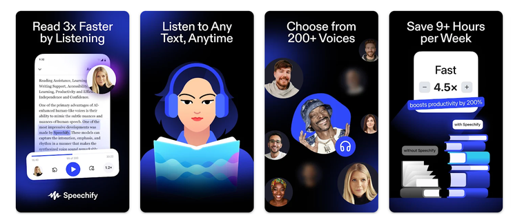 Four vertical promotional cards for Speechify showing Read 3x Faster by Listening with audio controls, Listen to Any Text Anytime illustration, Choose from 200 plus Voices with diverse profile images, and Save 9 plus Hours per Week with speed comparison graphic